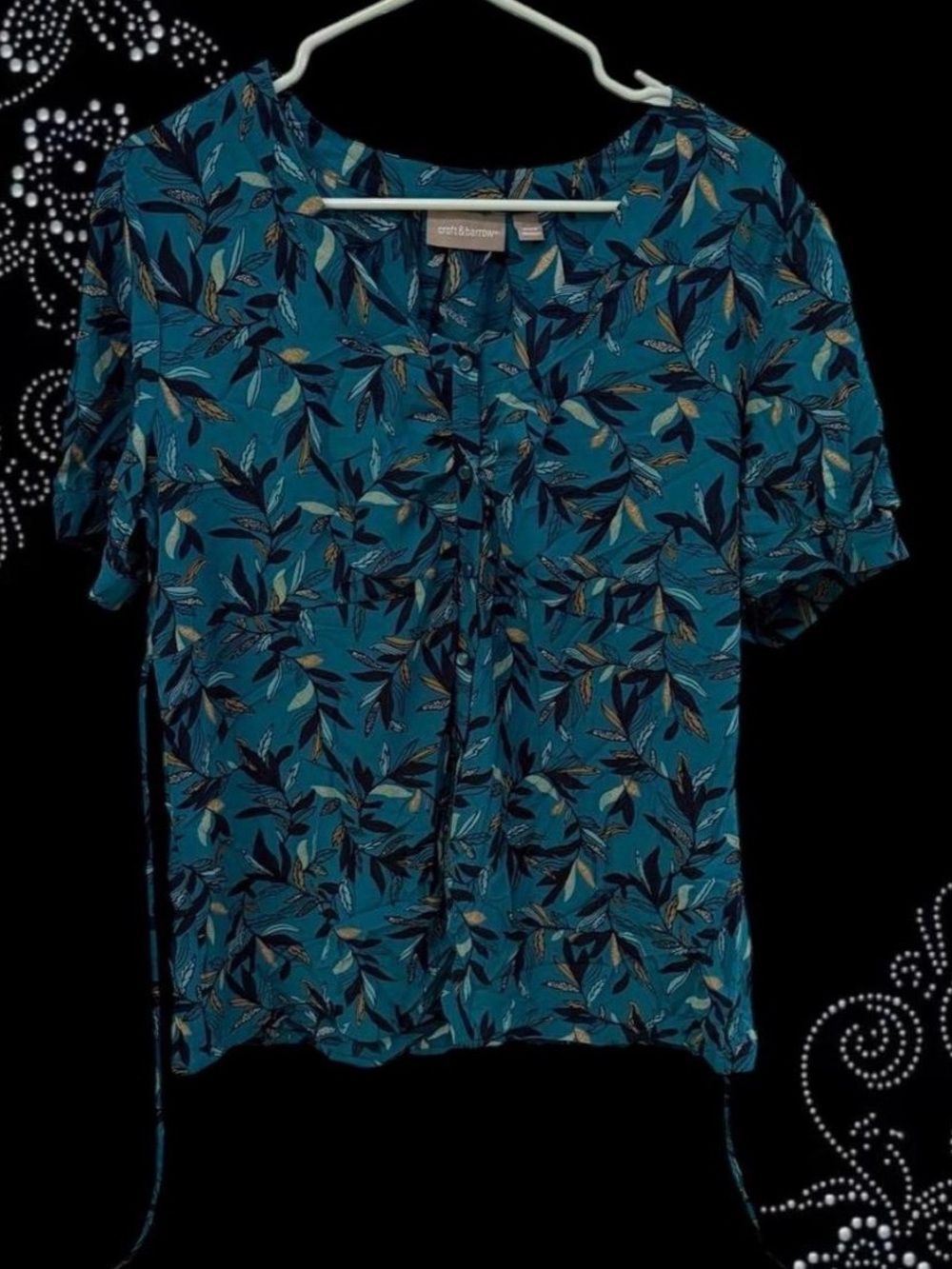 croft & barrow Teal Leaf-Print Short Sleeve Blouse